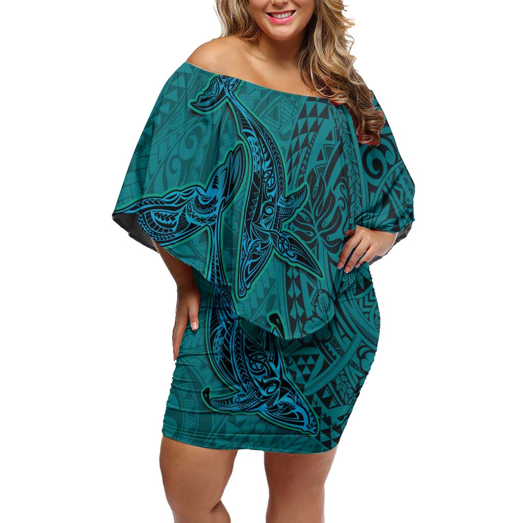 Hawaiian Whales Polynesian Art Motifs Off Shoulder Short Dress Turquoise Color LT03 Women Turquoise - Polynesian Pride