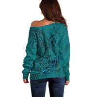 Hawaiian Whales Polynesian Art Motifs Off Shoulder Sweater Turquoise Color LT03 - Polynesian Pride