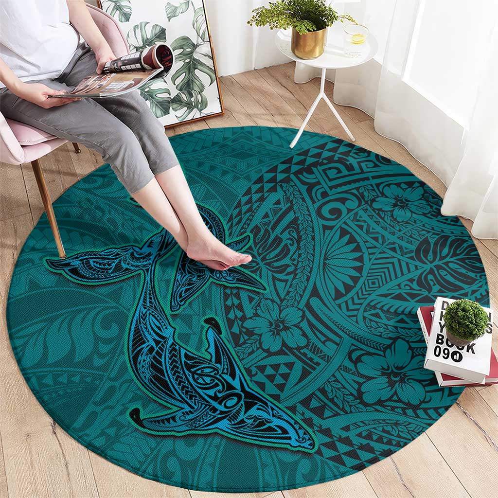 Hawaiian Whales Polynesian Art Motifs Round Carpet Turquoise Color LT03 - Polynesian Pride