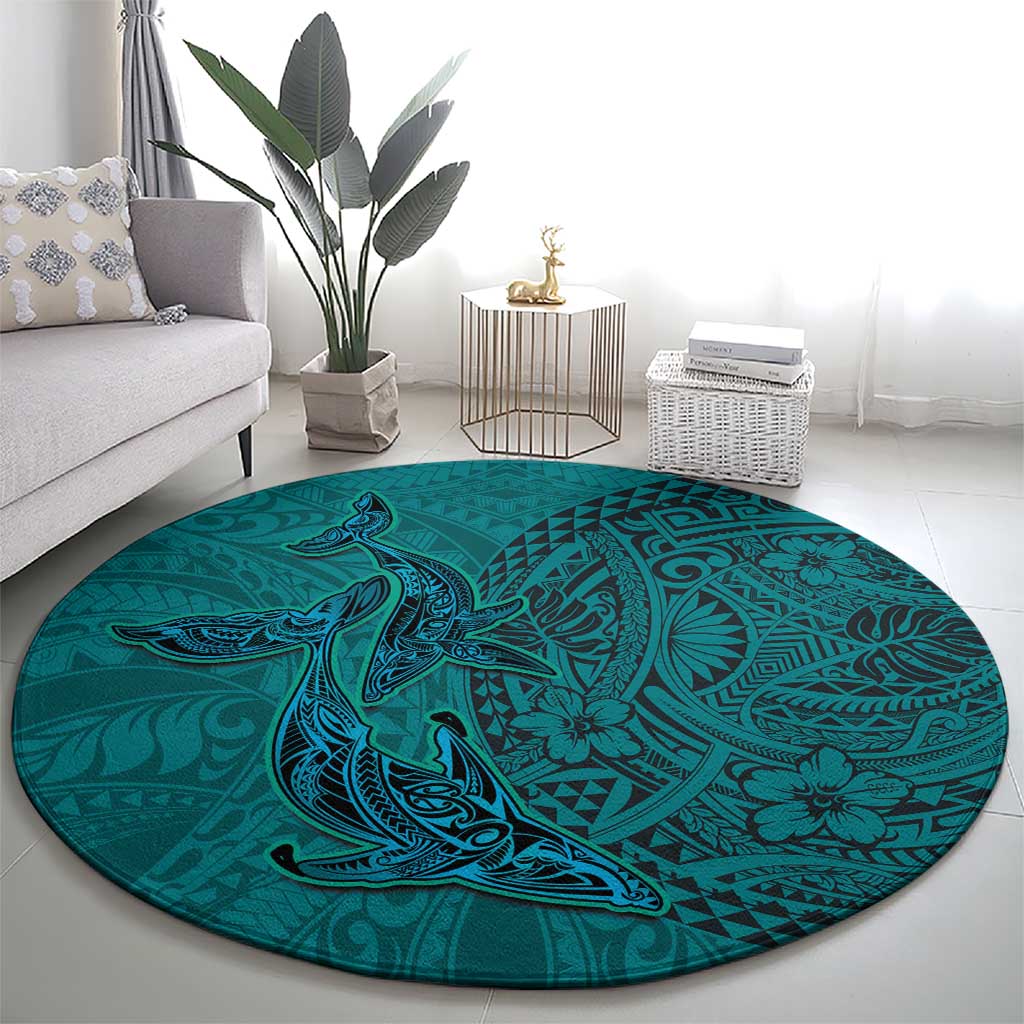 Hawaiian Whales Polynesian Art Motifs Round Carpet Turquoise Color LT03 - Polynesian Pride
