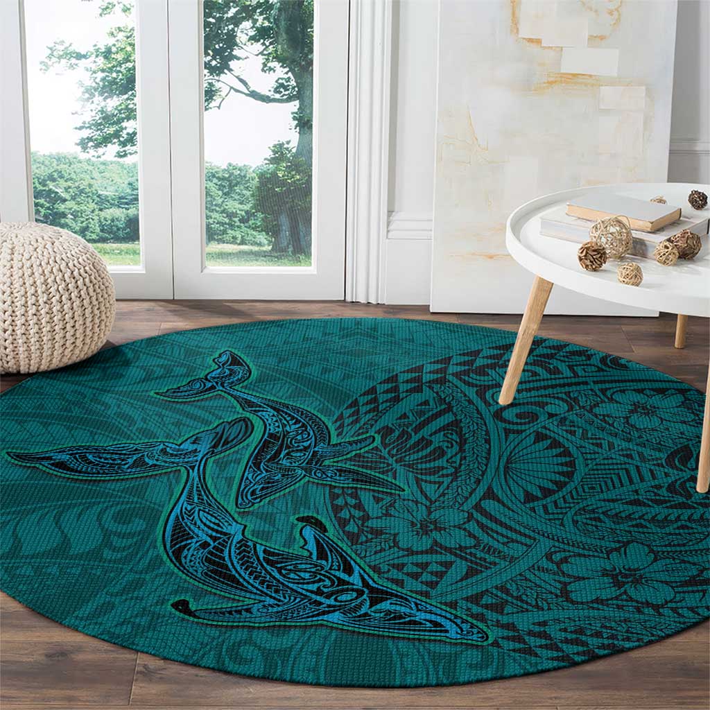 Hawaiian Whales Polynesian Art Motifs Round Carpet Turquoise Color LT03 - Polynesian Pride