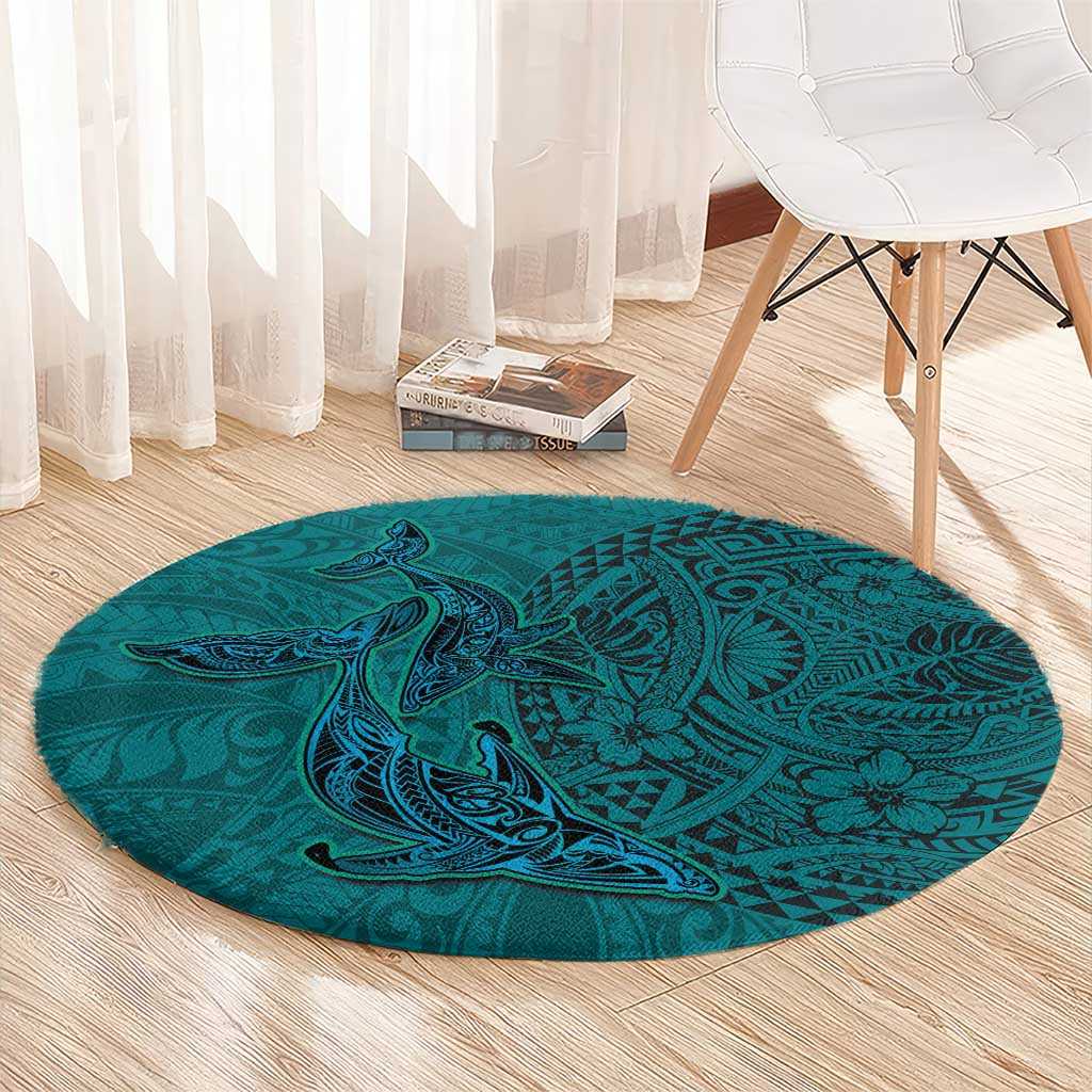 Hawaiian Whales Polynesian Art Motifs Round Carpet Turquoise Color LT03 - Polynesian Pride