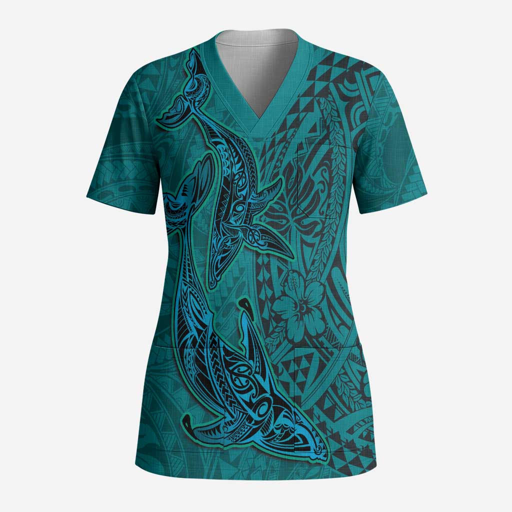 Hawaiian Whales Polynesian Art Motifs Scrub Top Turquoise Color LT03 Adult Turquoise - Polynesian Pride