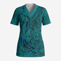 Hawaiian Whales Polynesian Art Motifs Scrub Top Turquoise Color LT03 Adult Turquoise - Polynesian Pride