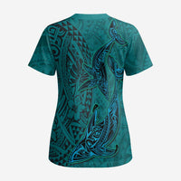Hawaiian Whales Polynesian Art Motifs Scrub Top Turquoise Color LT03 - Polynesian Pride