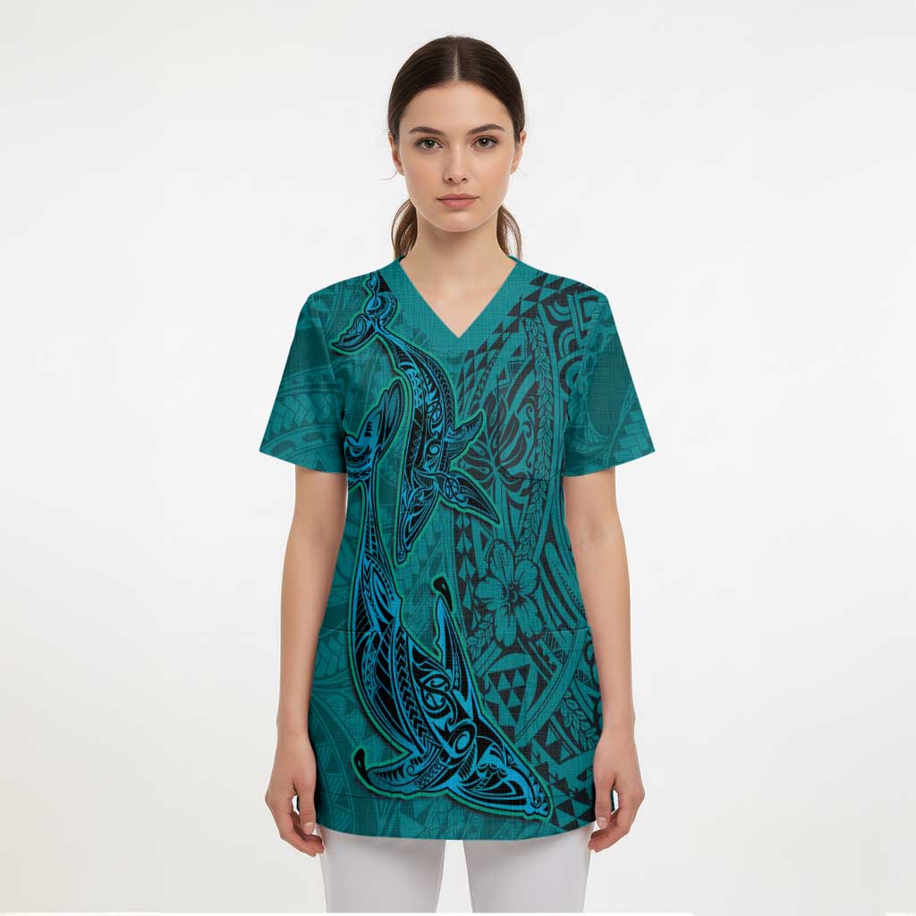 Hawaiian Whales Polynesian Art Motifs Scrub Top Turquoise Color LT03 - Polynesian Pride