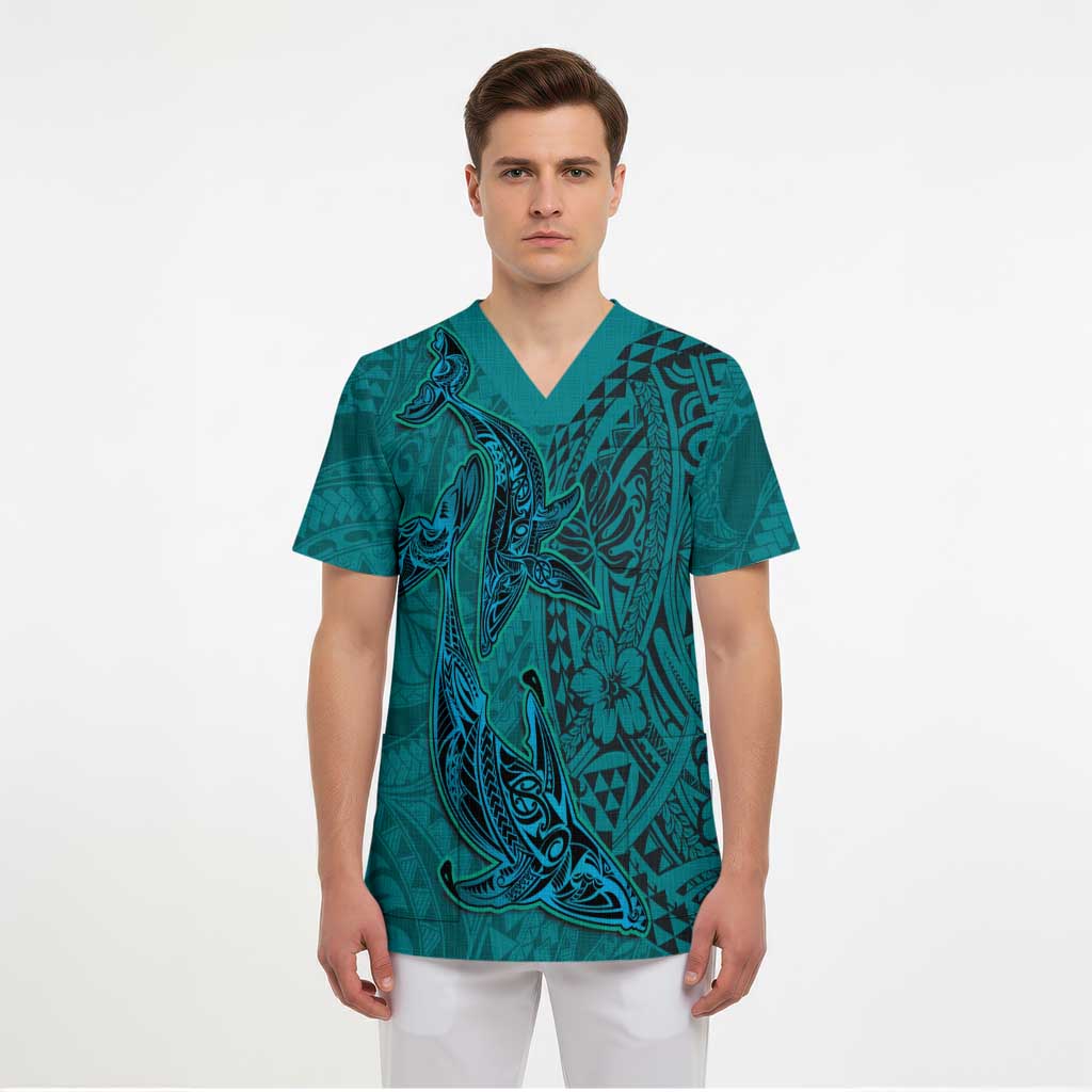 Hawaiian Whales Polynesian Art Motifs Scrub Top Turquoise Color LT03 - Polynesian Pride