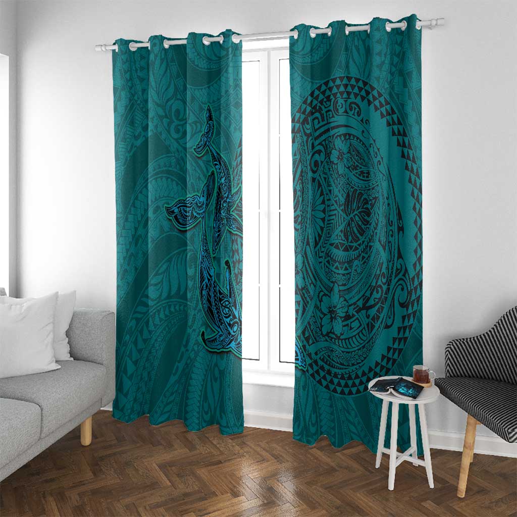 Hawaiian Whales Polynesian Art Motifs Window Curtain Turquoise Color LT03 With Grommets Turquoise - Polynesian Pride
