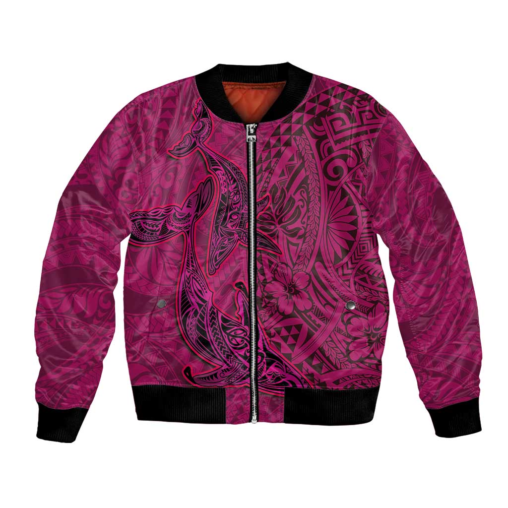 Hawaiian Whales Polynesian Art Motifs Bomber Jacket Pink Color LT03 Unisex Pink - Polynesian Pride