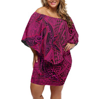 Hawaiian Whales Polynesian Art Motifs Off Shoulder Short Dress Pink Color LT03 Women Pink - Polynesian Pride