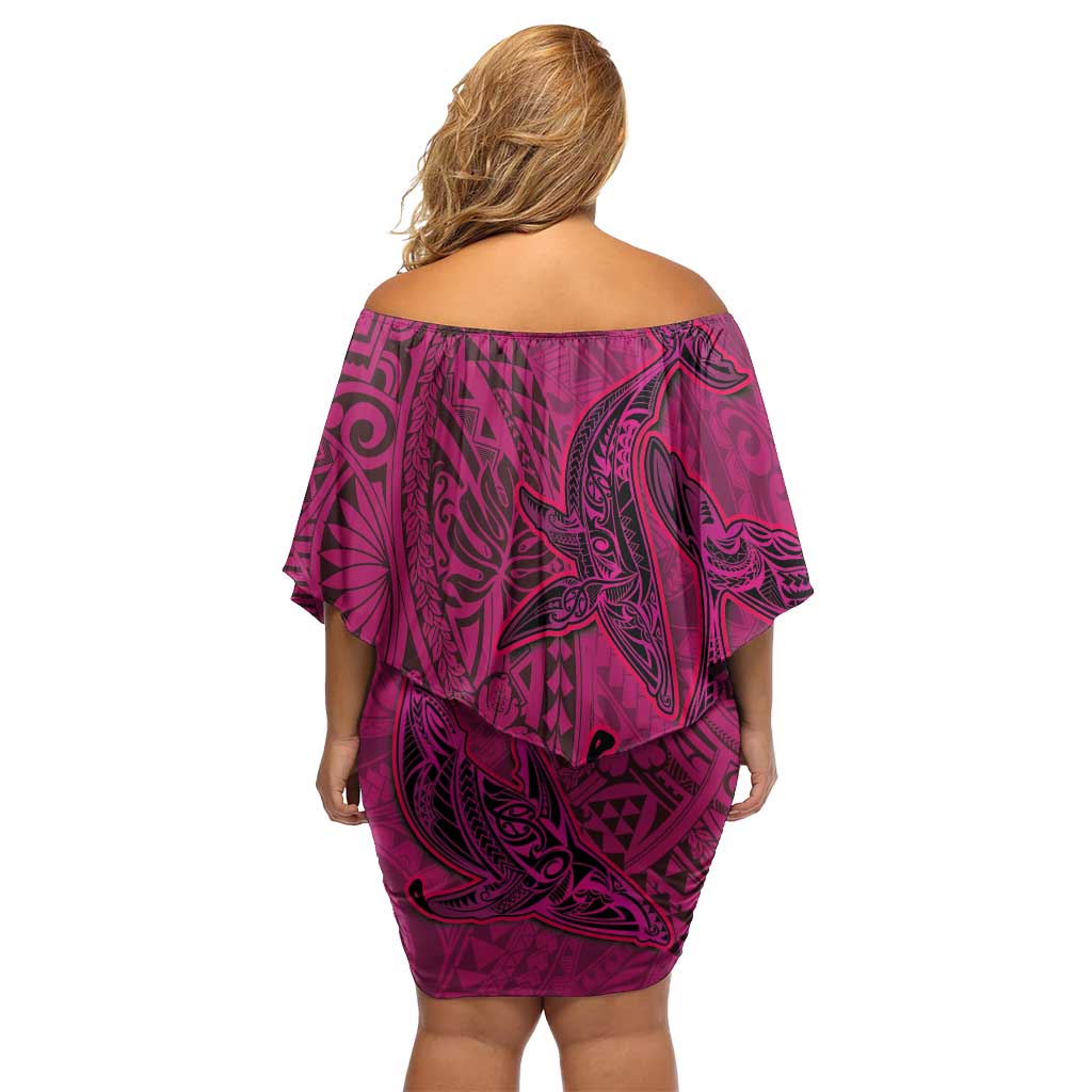 Hawaiian Whales Polynesian Art Motifs Off Shoulder Short Dress Pink Color LT03 - Polynesian Pride
