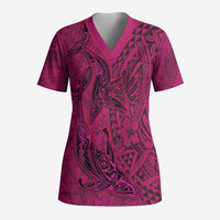 Hawaiian Whales Polynesian Art Motifs Scrub Top Pink Color LT03 Adult Pink - Polynesian Pride
