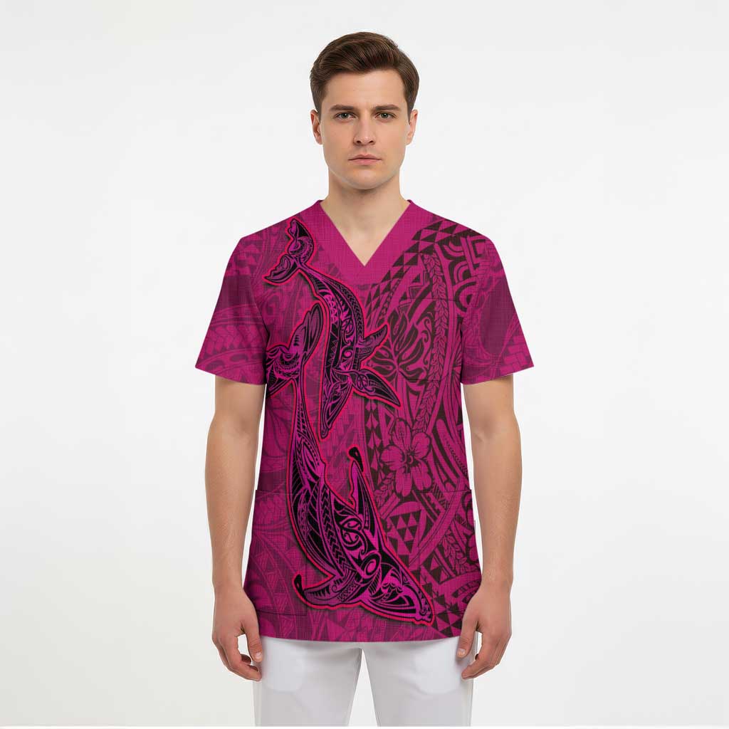 Hawaiian Whales Polynesian Art Motifs Scrub Top Pink Color LT03 - Polynesian Pride