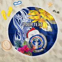 Custom Northern Mariana Islands Christmas Beach Blanket Funny Santa Hug Latte Stone Ylang-ylang and Polynesia Pattern Blue LT03 One Size 150cm Blue - Polynesian Pride