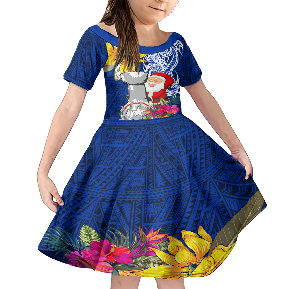 Custom Northern Mariana Islands Christmas Kid Short Sleeve Dress Funny Santa Hug Latte Stone Ylang-ylang and Polynesia Pattern Blue LT03 KID Blue - Polynesian Pride
