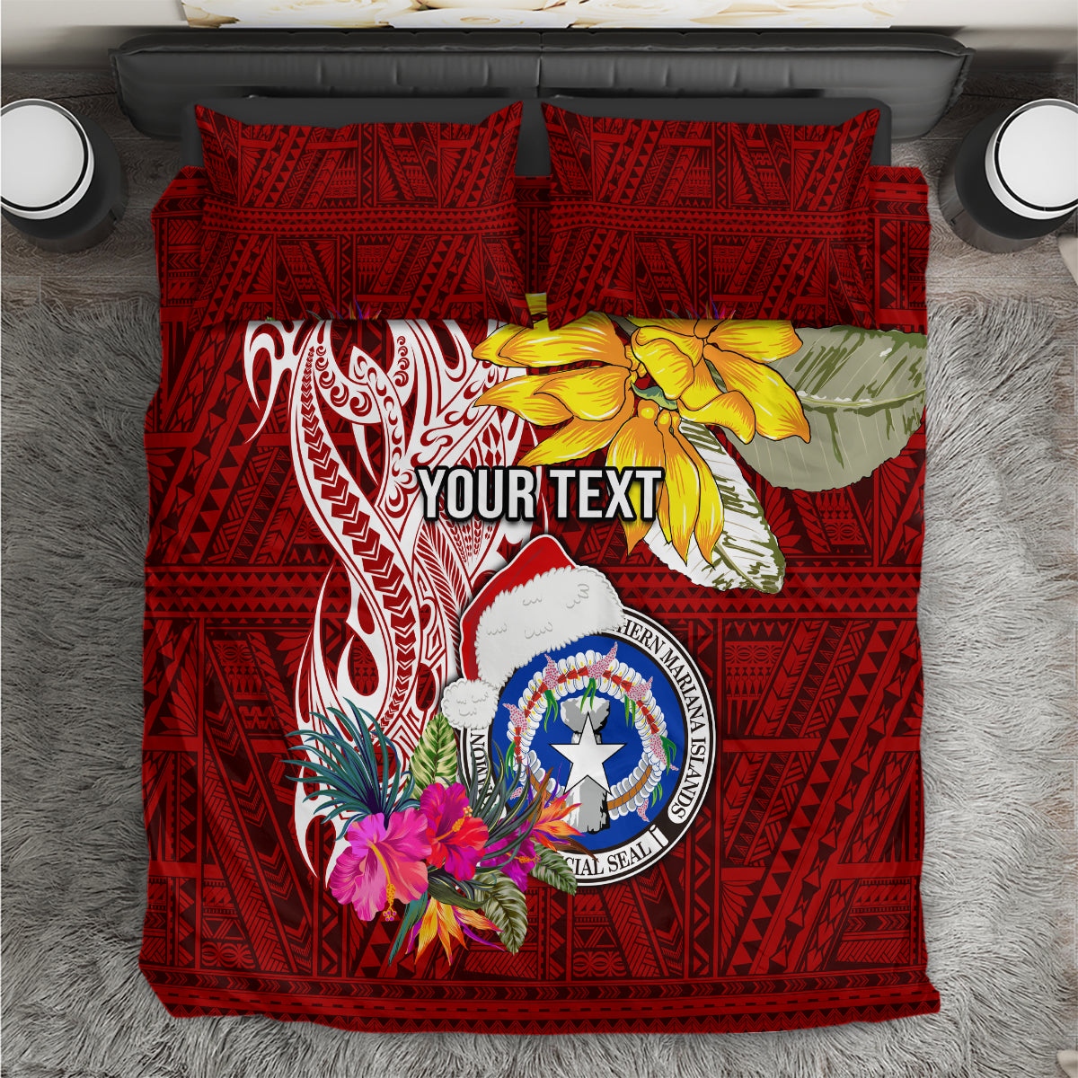 Custom Northern Mariana Islands Christmas Bedding Set Funny Santa Hug Latte Stone Ylang-ylang and Polynesia Pattern Red LT03 Red - Polynesian Pride