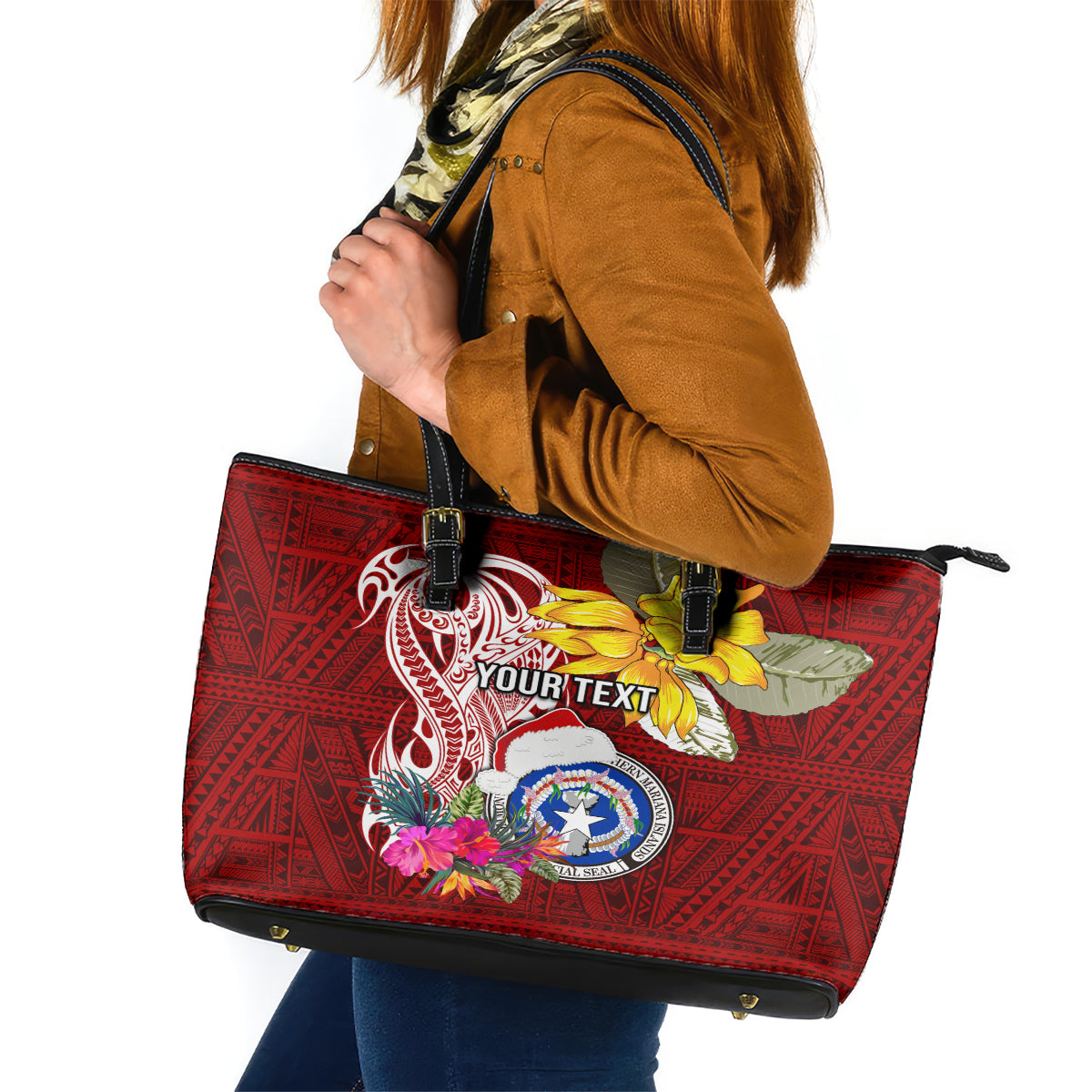 Custom Northern Mariana Islands Christmas Leather Tote Bag Funny Santa Hug Latte Stone Ylang-ylang and Polynesia Pattern Red LT03 Red - Polynesian Pride