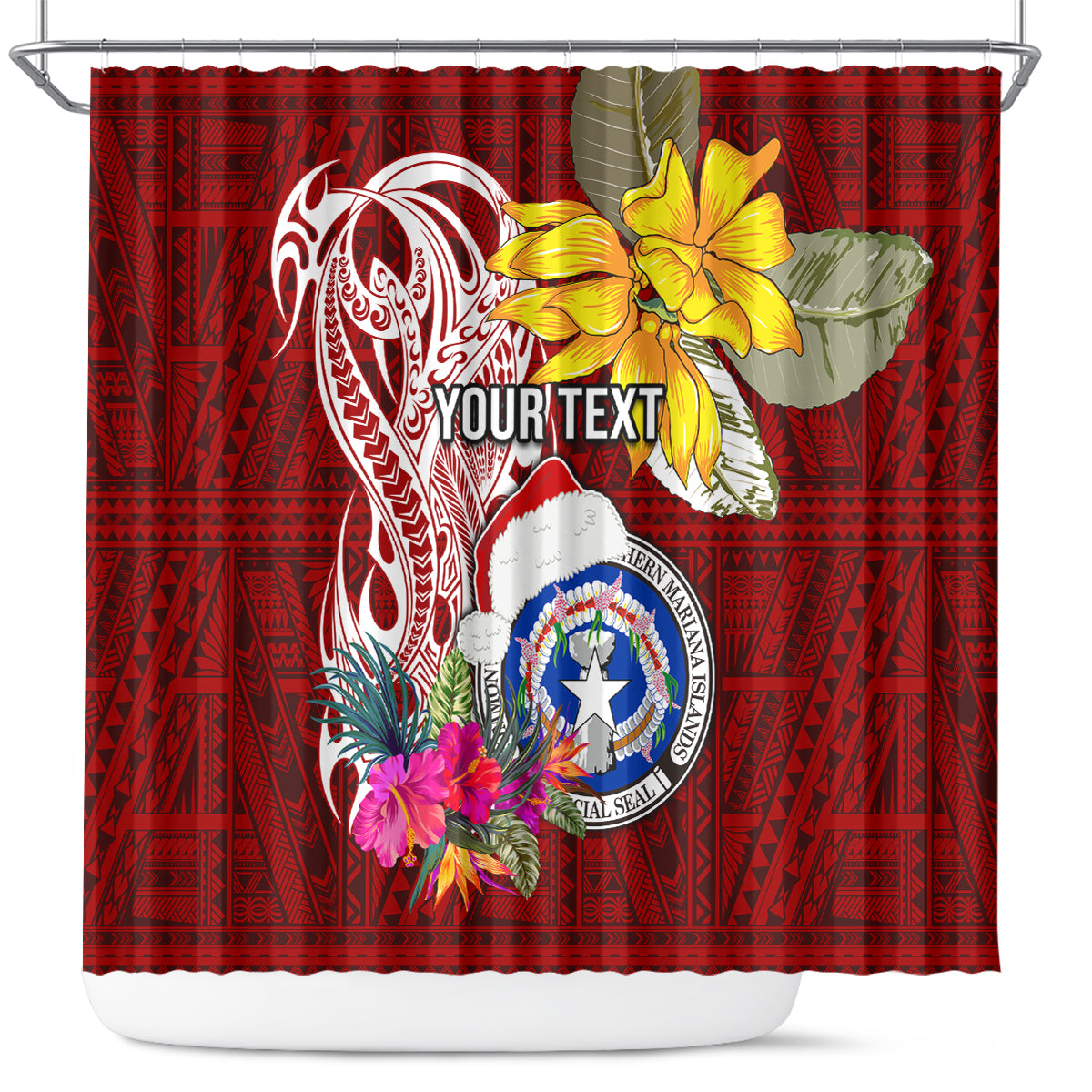 Custom Northern Mariana Islands Christmas Shower Curtain Funny Santa Hug Latte Stone Ylang-ylang and Polynesia Pattern Red LT03 Red - Polynesian Pride