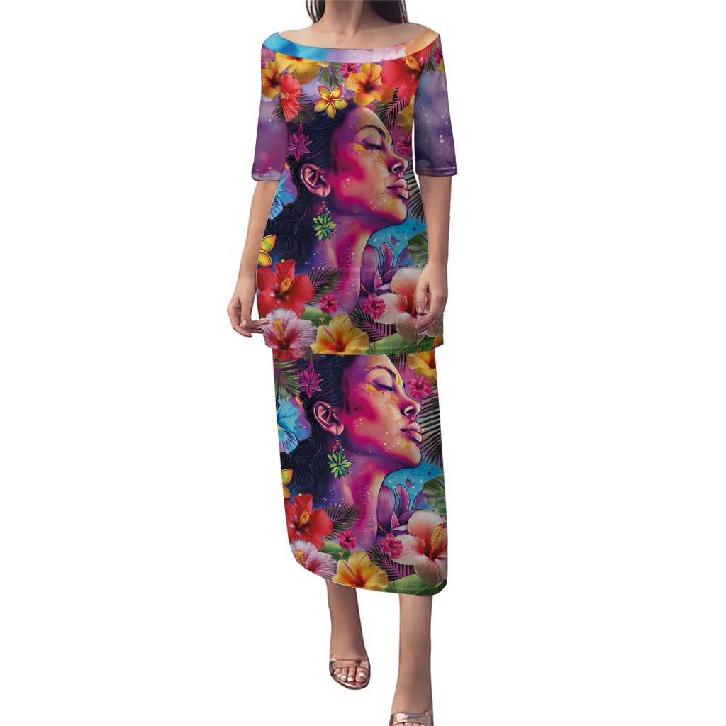 Polynesian Women Puletasi Tropical Plant - Vibrant Surreal Dreamscape Vibe LT03 Long Dress Pink-Purple - Polynesian Pride