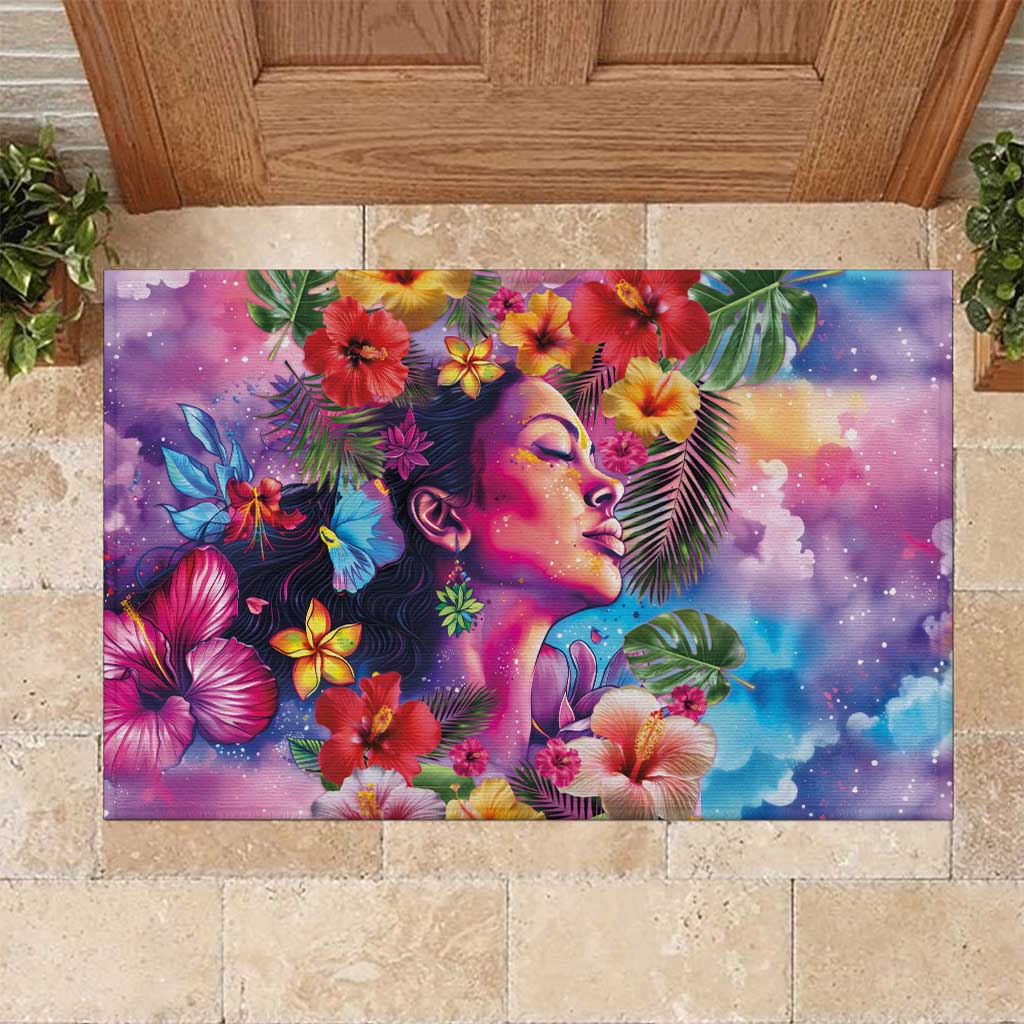 Polynesian Women Rubber Doormat Tropical Plant - Vibrant Surreal Dreamscape Vibe LT03 Pink-Purple - Polynesian Pride