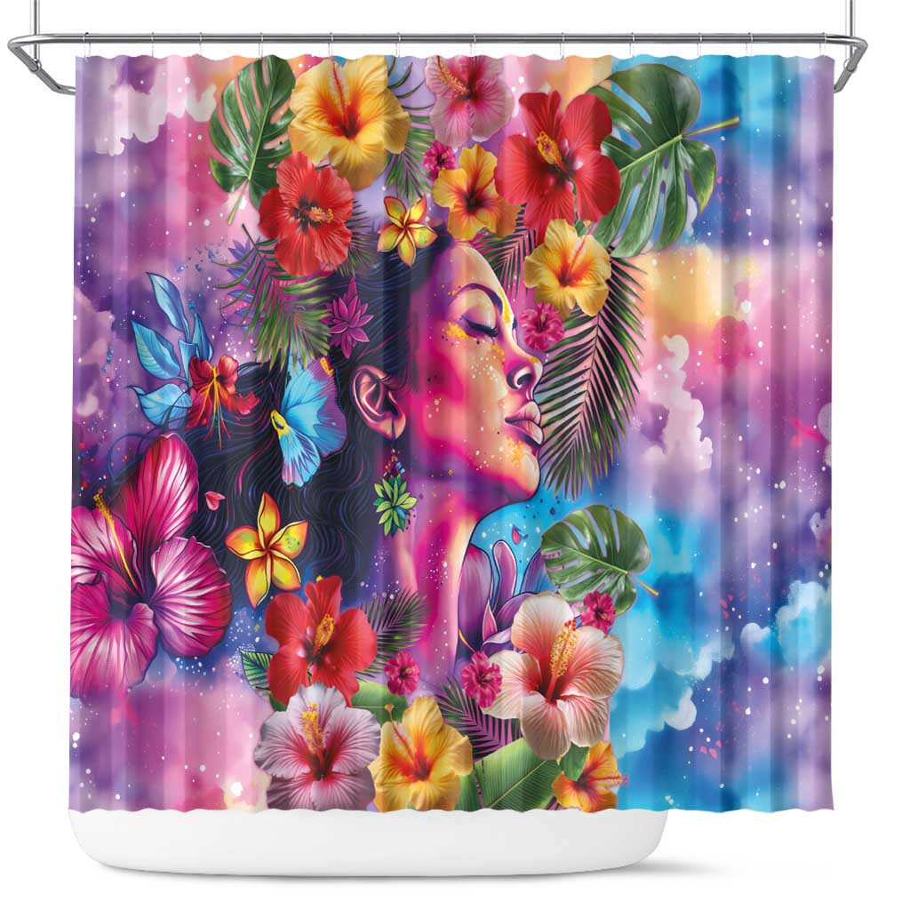 Polynesian Women Shower Curtain Tropical Plant - Vibrant Surreal Dreamscape Vibe LT03 Pink-Purple - Polynesian Pride