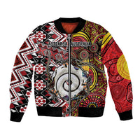 Personalised Aotearoa and Australia Together Bomber Jacket Koru and Kangaroo - Taniko with Aboriginal Motif LT03 Unisex Black - Polynesian Pride