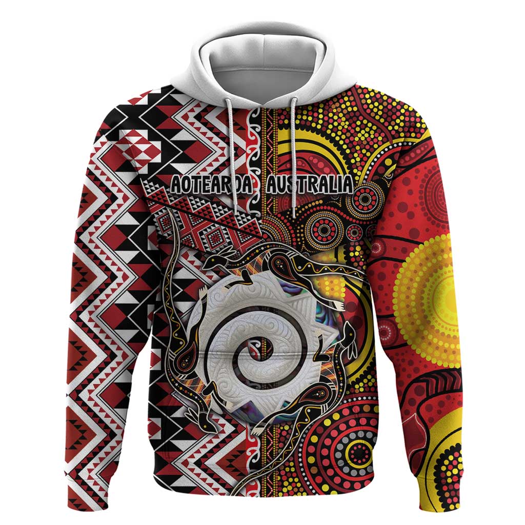 Personalised Aotearoa and Australia Together Hoodie Koru and Kangaroo - Taniko with Aboriginal Motif LT03 Pullover Hoodie Black - Polynesian Pride