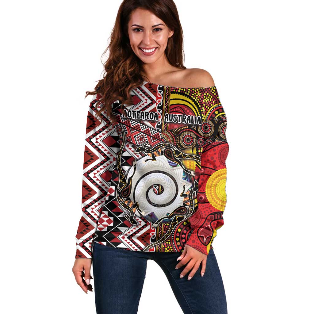 Personalised Aotearoa and Australia Together Off Shoulder Sweater Koru and Kangaroo - Taniko with Aboriginal Motif LT03 Women Black - Polynesian Pride