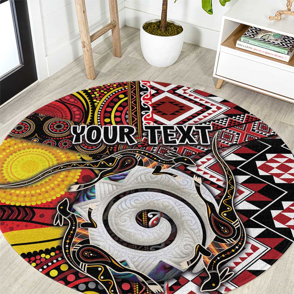 Personalised Aotearoa and Australia Together Round Carpet Koru and Kangaroo - Taniko with Aboriginal Motif LT03 Black - Polynesian Pride