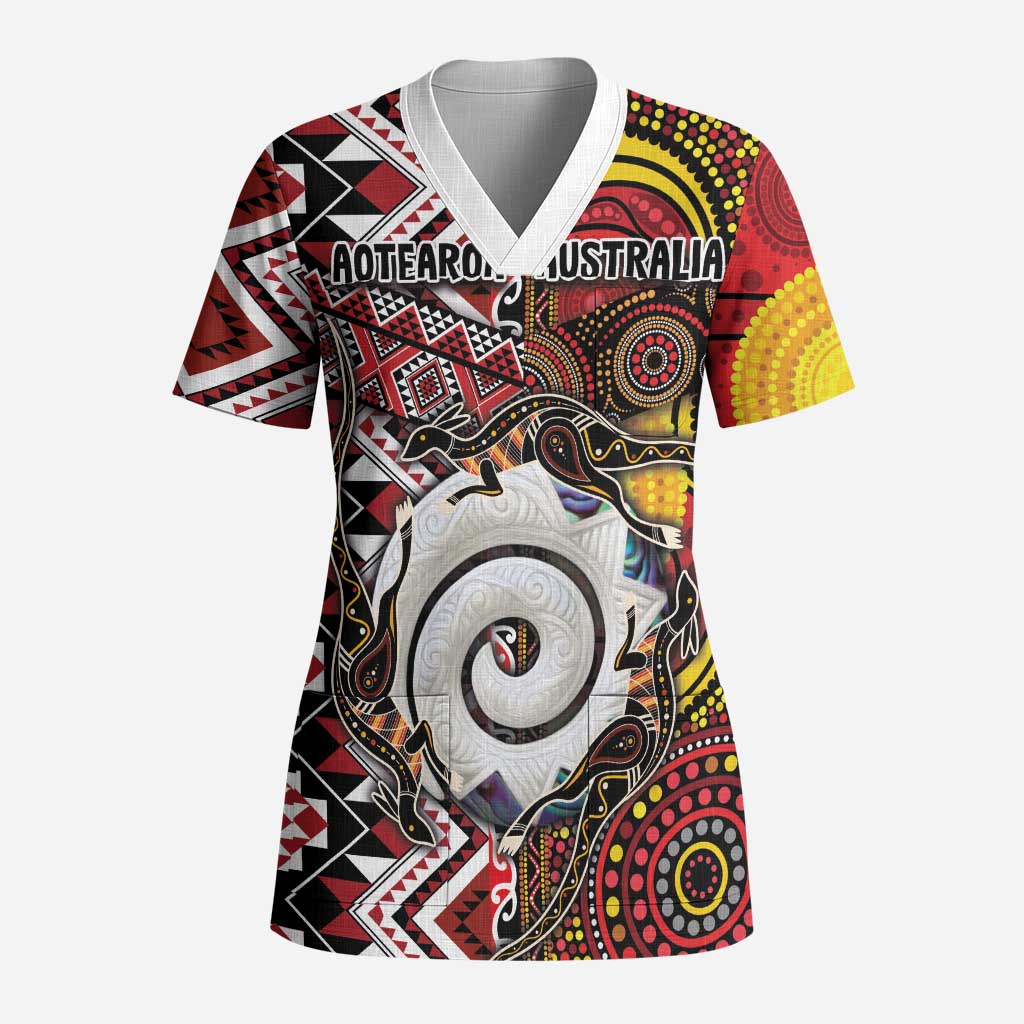 Personalised Aotearoa and Australia Together Scrub Top Koru and Kangaroo - Taniko with Aboriginal Motif LT03 Adult Black - Polynesian Pride