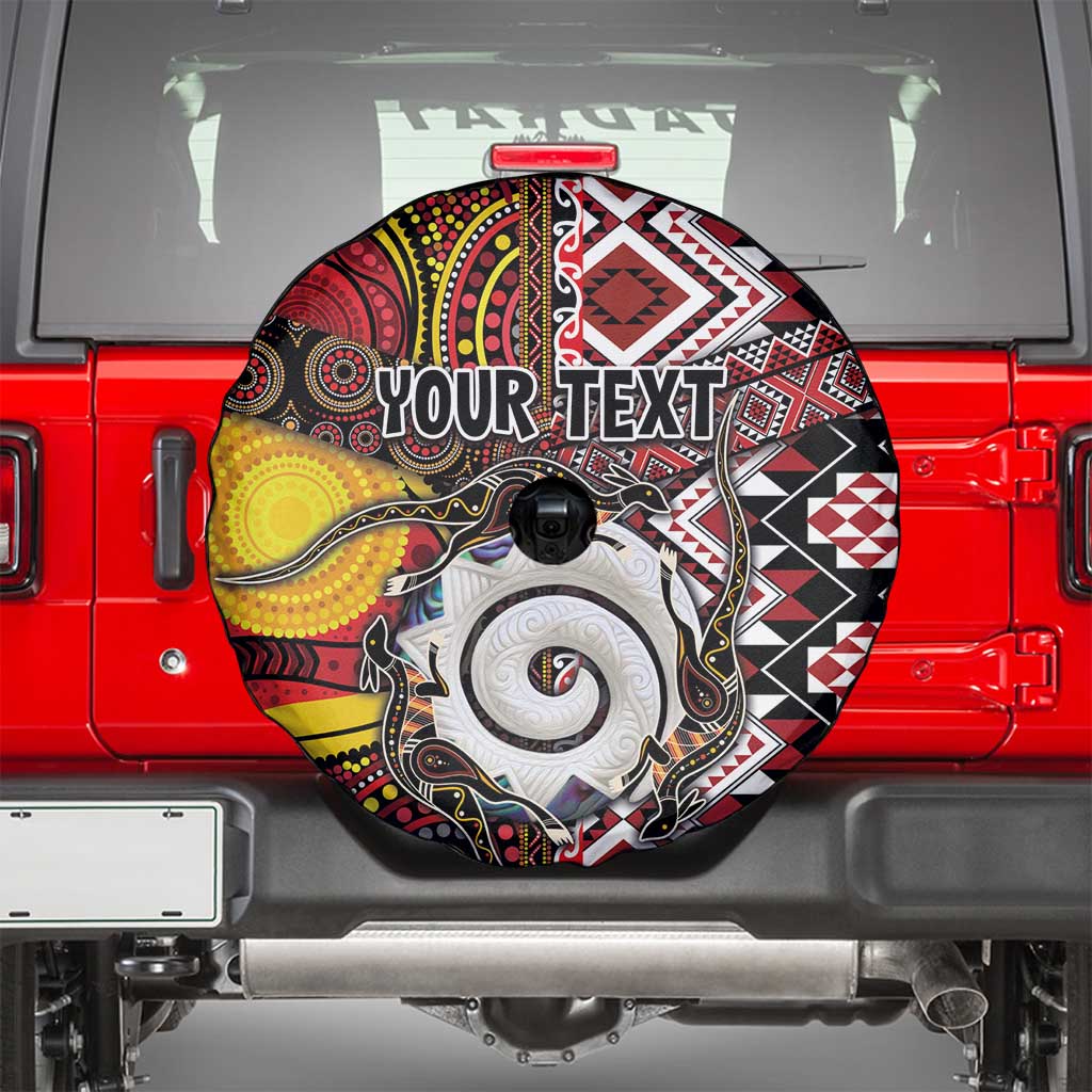 Personalised Aotearoa and Australia Together Spare Tire Cover Koru and Kangaroo - Taniko with Aboriginal Motif LT03 - Polynesian Pride
