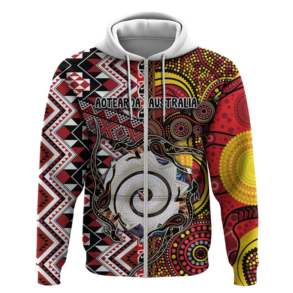 Personalised Aotearoa and Australia Together Zip Hoodie Koru and Kangaroo - Taniko with Aboriginal Motif LT03 Zip Hoodie Black - Polynesian Pride