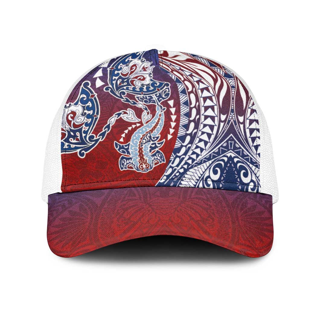 Hawaiian Manta Ray and Hammerhead Shark Tribal Tattoo Mesh Trucker Cap with Polynesian Tribal Pattern Hawaii Flag Color LT03 One Size White Multicolor - Polynesian Pride