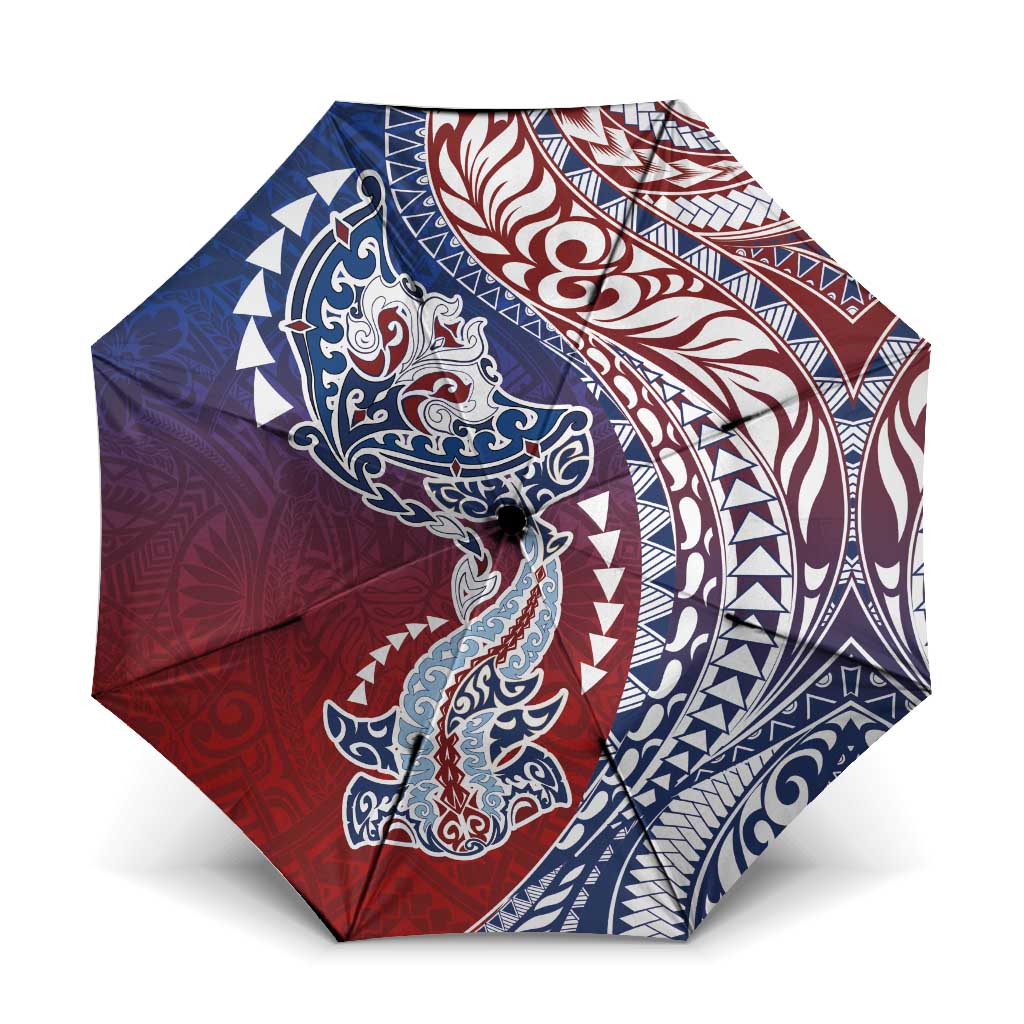 Hawaiian Manta Ray and Hammerhead Shark Tribal Tattoo Umbrella with Polynesian Tribal Pattern Hawaii Flag Color LT03 One Size Folded 11.42 inch Opened Diameter 37.4 inch Multicolor - Polynesian Pride