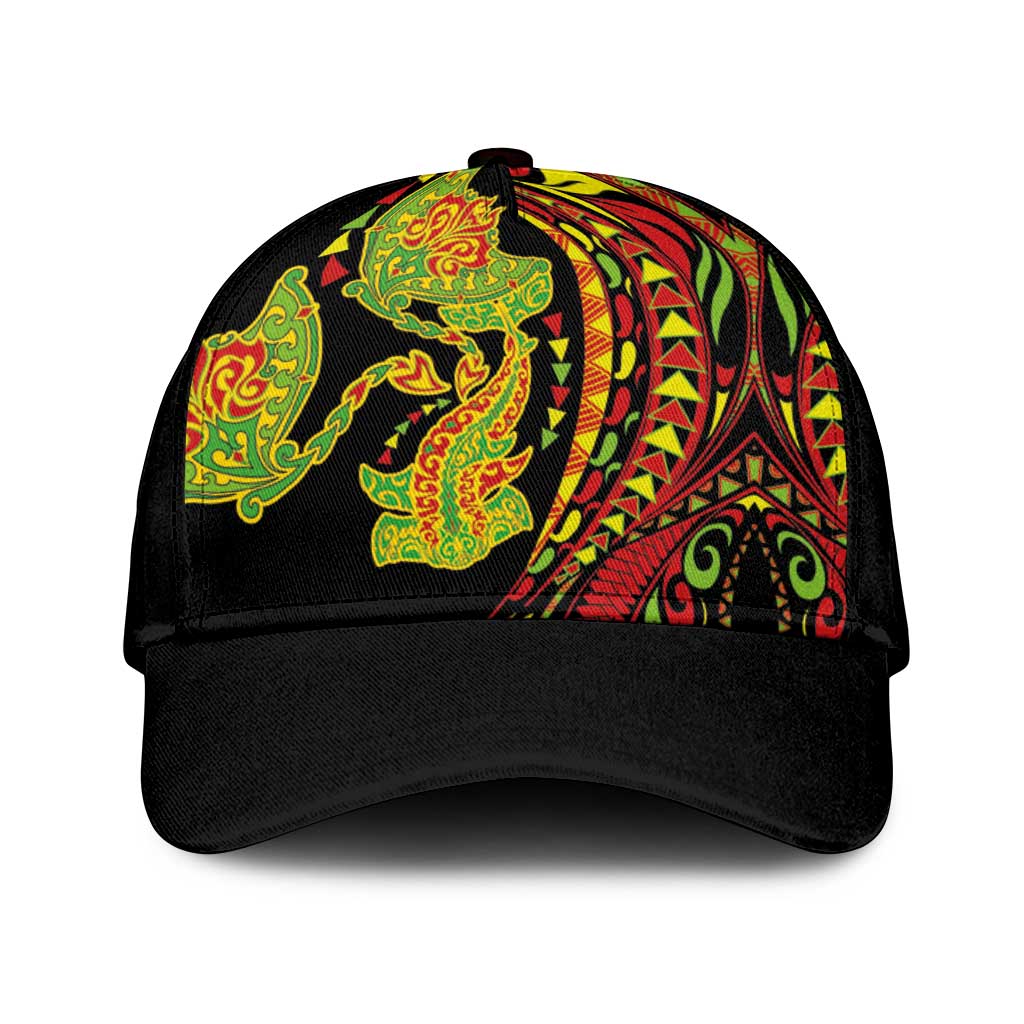Hawaiian Manta Ray and Hammerhead Shark Tribal Tattoo Classic Cap with Polynesian Tribal Pattern Kanaka Maoli Flag Color LT03 Universal Fit Multicolor - Polynesian Pride