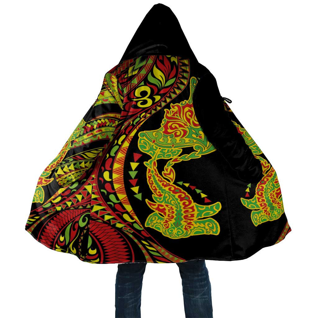 Hawaiian Manta Ray and Hammerhead Shark Tribal Tattoo Cloak with Polynesian Tribal Pattern Kanaka Maoli Flag Color LT03 Unisex Multicolor - Polynesian Pride
