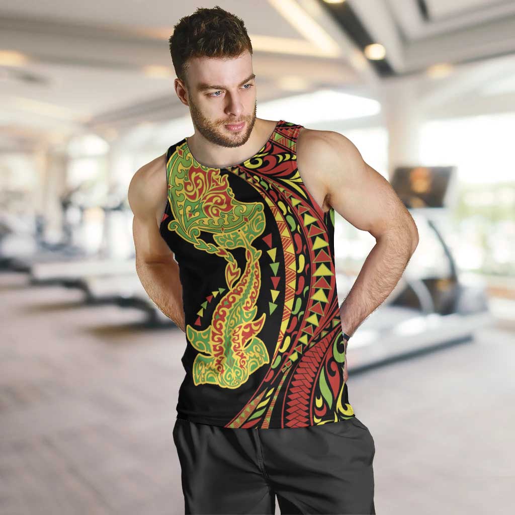 Hawaiian Manta Ray and Hammerhead Shark Tribal Tattoo Men Tank Top with Polynesian Tribal Pattern Kanaka Maoli Flag Color LT03 Multicolor - Polynesian Pride