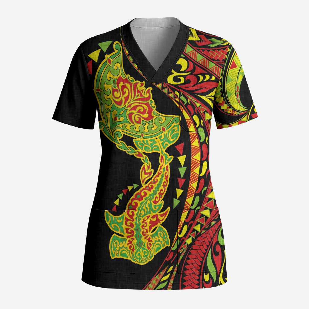Hawaiian Manta Ray and Hammerhead Shark Tribal Tattoo Scrub Top with Polynesian Tribal Pattern Kanaka Maoli Flag Color LT03 Adult Multicolor - Polynesian Pride