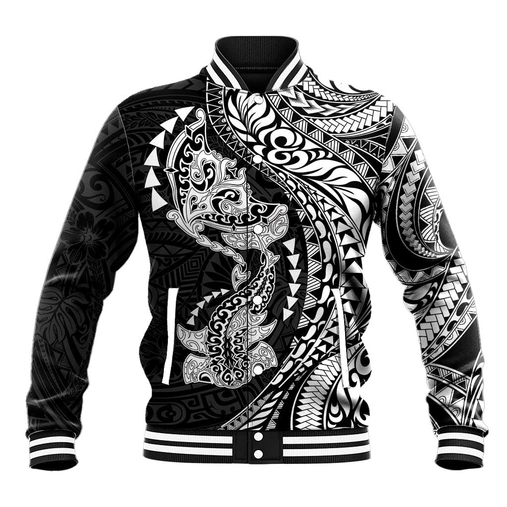 Hawaiian Manta Ray and Hammerhead Shark Tribal Tattoo Baseball Jacket with Polynesian Tribal Pattern Black-White Color LT03 Unisex Multicolor - Polynesian Pride