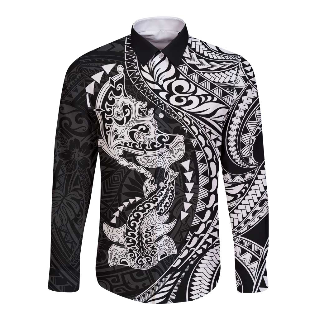 Hawaiian Manta Ray and Hammerhead Shark Tribal Tattoo Long Sleeve Button Shirt with Polynesian Tribal Pattern Black-White Color LT03 Unisex Multicolor - Polynesian Pride