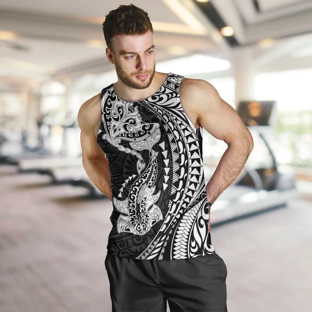 Hawaiian Manta Ray and Hammerhead Shark Tribal Tattoo Men Tank Top with Polynesian Tribal Pattern Black-White Color LT03 Multicolor - Polynesian Pride