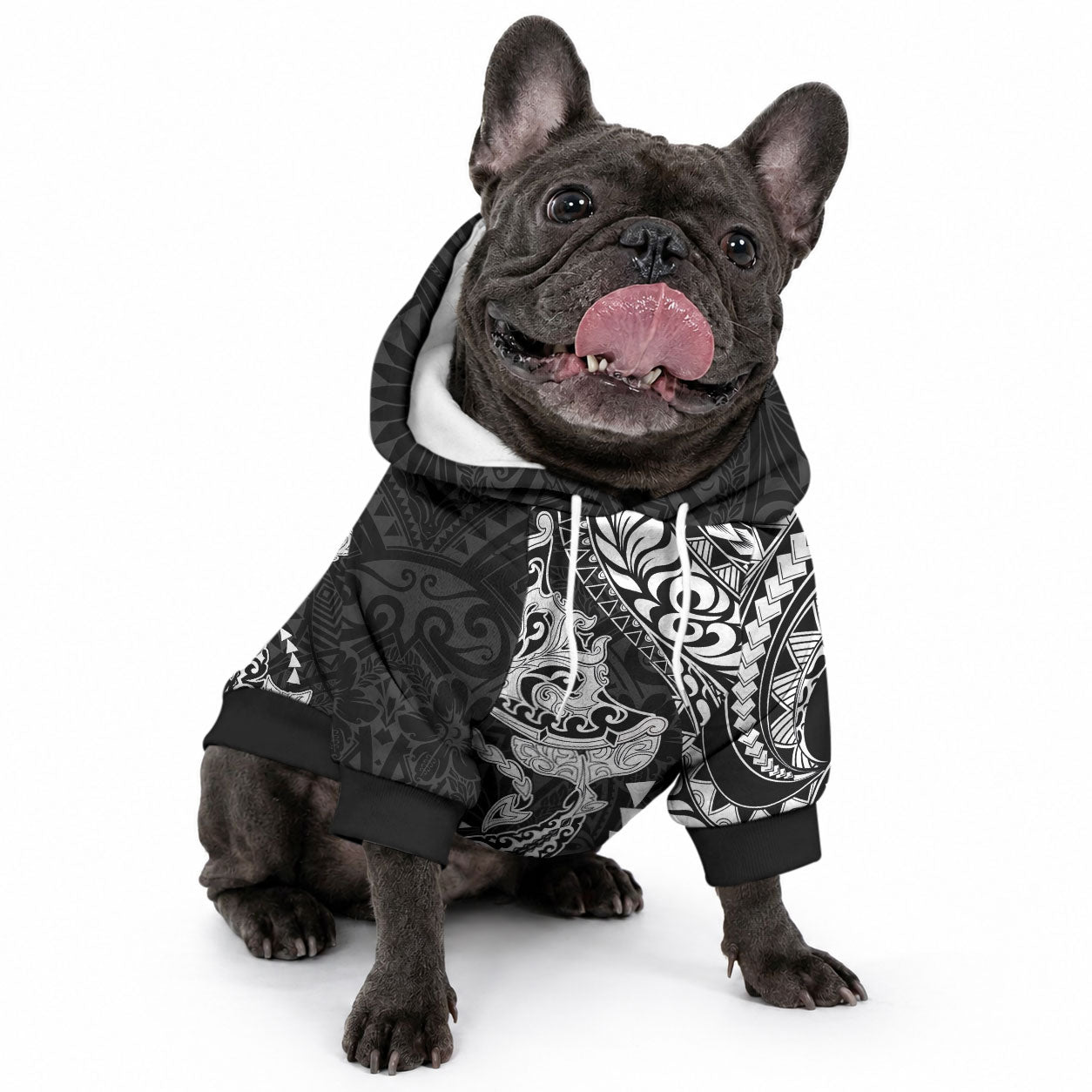 Hawaiian Manta Ray and Hammerhead Shark Tribal Tattoo Pet Hoodie with Polynesian Tribal Pattern Black-White Color LT03 - Polynesian Pride