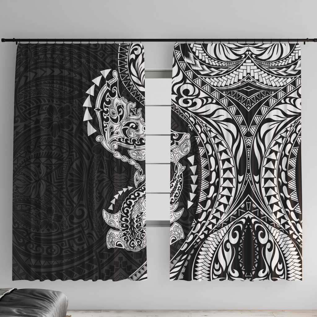 Hawaiian Manta Ray and Hammerhead Shark Tribal Tattoo Window Curtain with Polynesian Tribal Pattern Black-White Color LT03 With Hooks Multicolor - Polynesian Pride