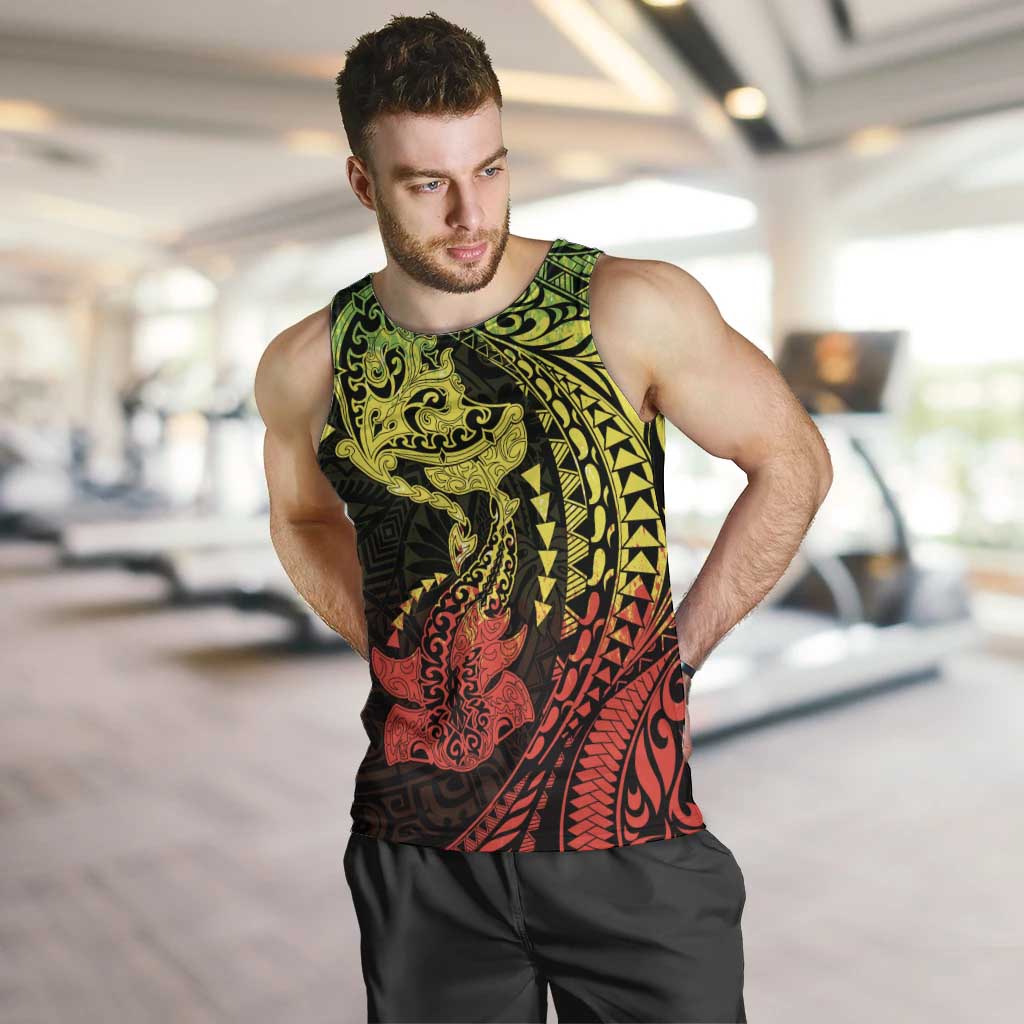 Hawaiian Manta Ray and Hammerhead Shark Tribal Tattoo Men Tank Top with Polynesian Tribal Pattern Reggae Style LT03 Multicolor - Polynesian Pride