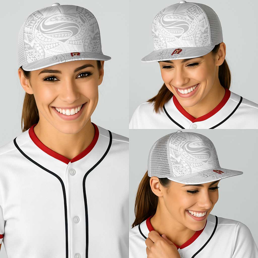 Super Samoa-Six Eight Five to The World Baseball Net Cap Traditional Samoan Tattoo All White LT03 - Polynesian Pride