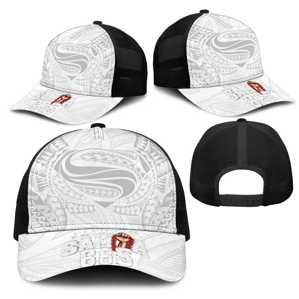 Super Samoa-Six Eight Five to The World Mesh Trucker Cap Traditional Samoan Tattoo All White LT03 - Polynesian Pride