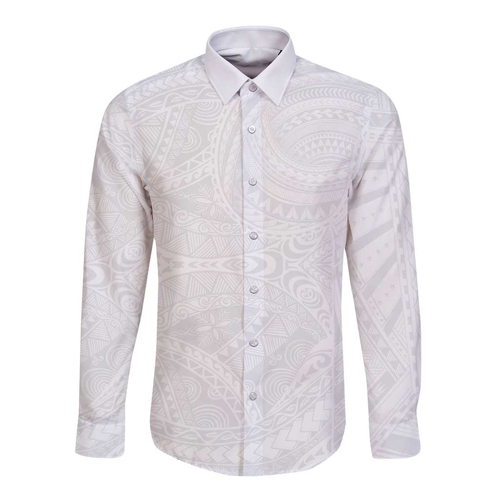 Lotu Tamaiti Samoan Art Tattoo Polynesian Pattern Long Sleeve Button Shirt LT03 Unisex White - Polynesian Pride