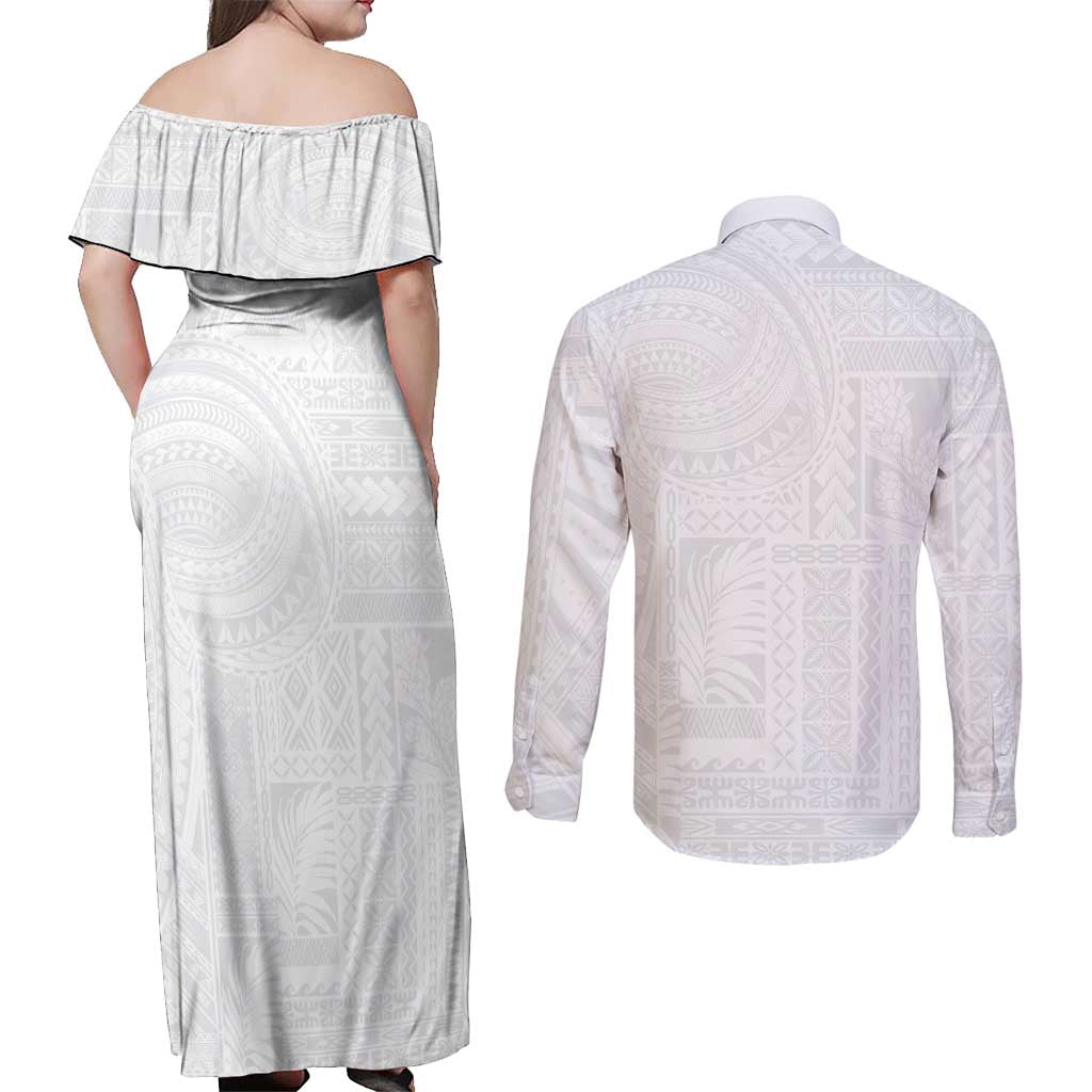 Lotu Tamaiti Samoan Art Tattoo Siapo Pattern Couples Matching Off Shoulder Maxi Dress and Long Sleeve Button Shirt LT03 - Polynesian Pride