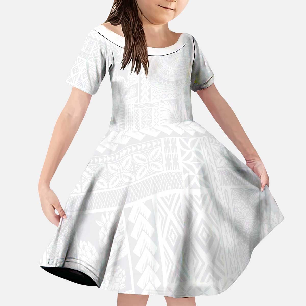 Lotu Tamaiti Samoan Art Tattoo Siapo Pattern Kid Short Sleeve Dress LT03 KID White - Polynesian Pride