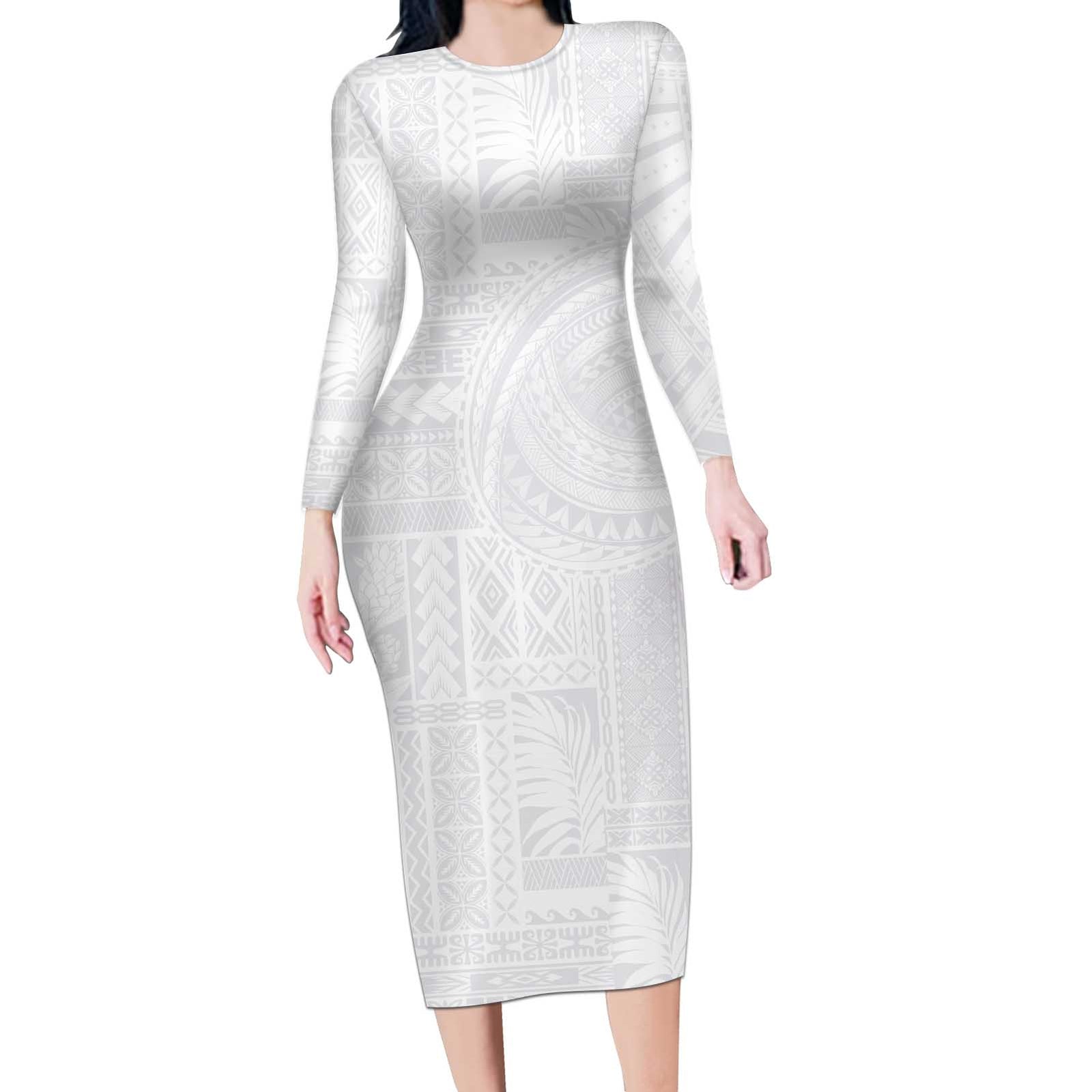 Lotu Tamaiti Samoan Art Tattoo Siapo Pattern Long Sleeve Bodycon Dress LT03 Long Dress White - Polynesian Pride